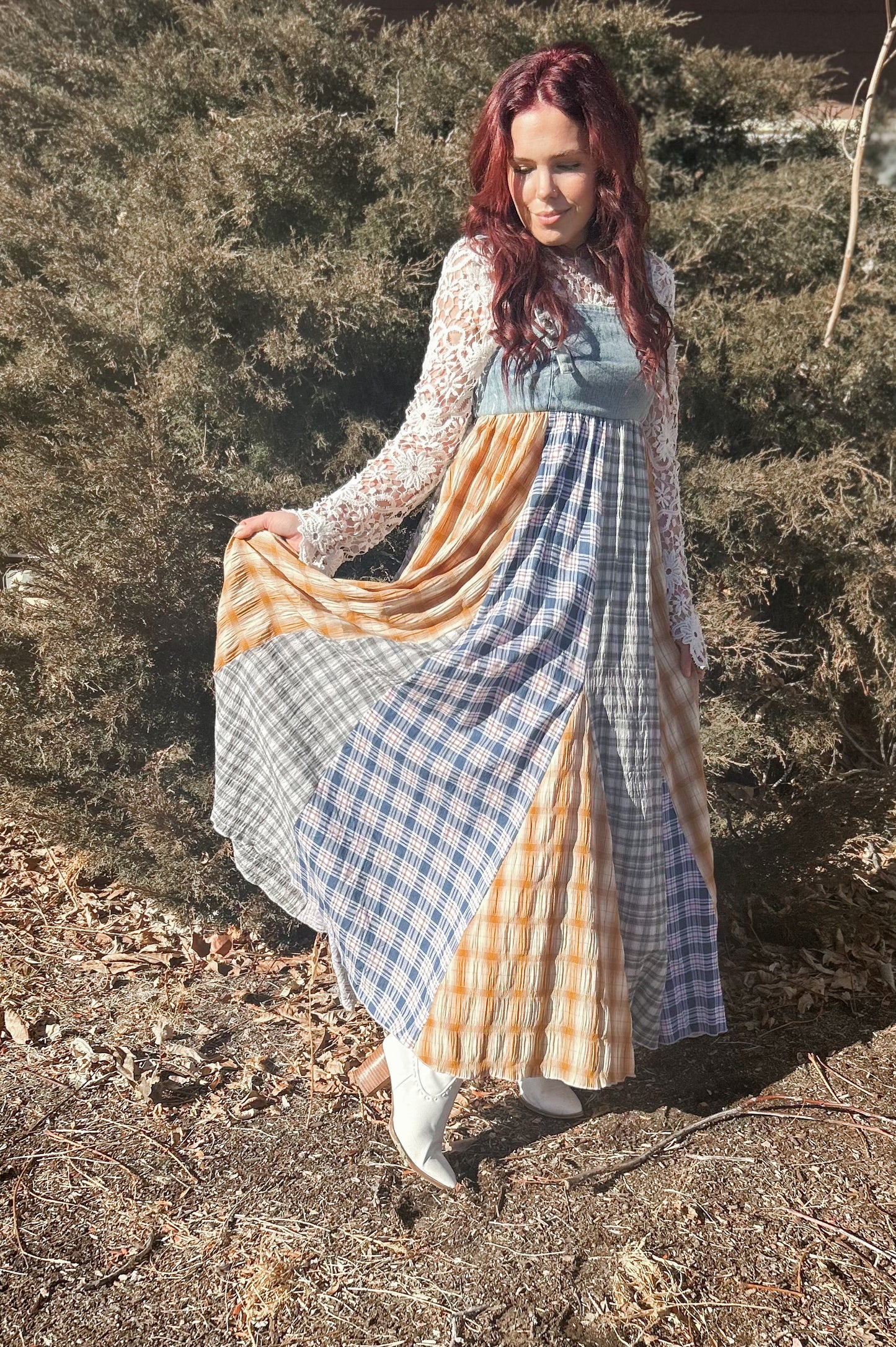 Mixed Plaid Denim Dress