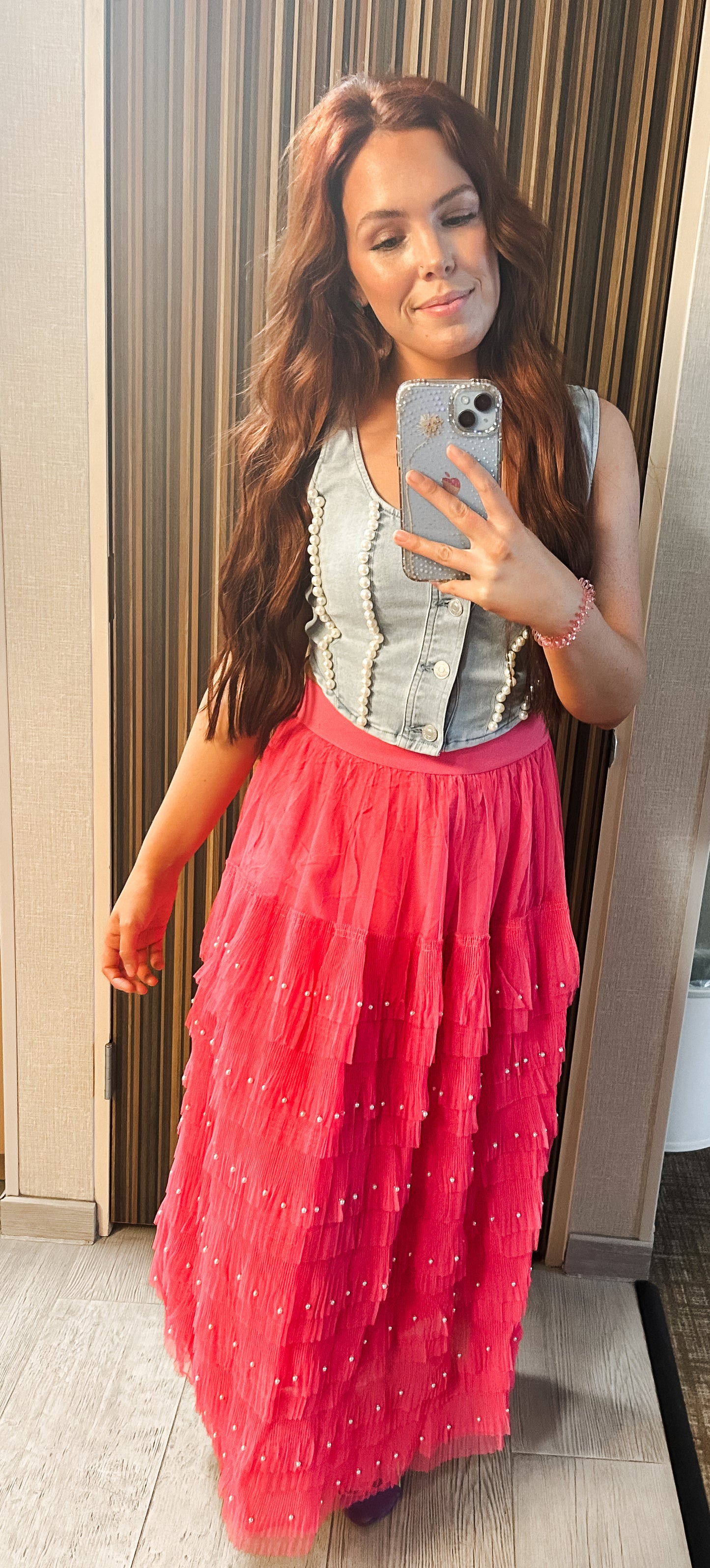 “Maddy” hot pink pearl trim tulle skirt