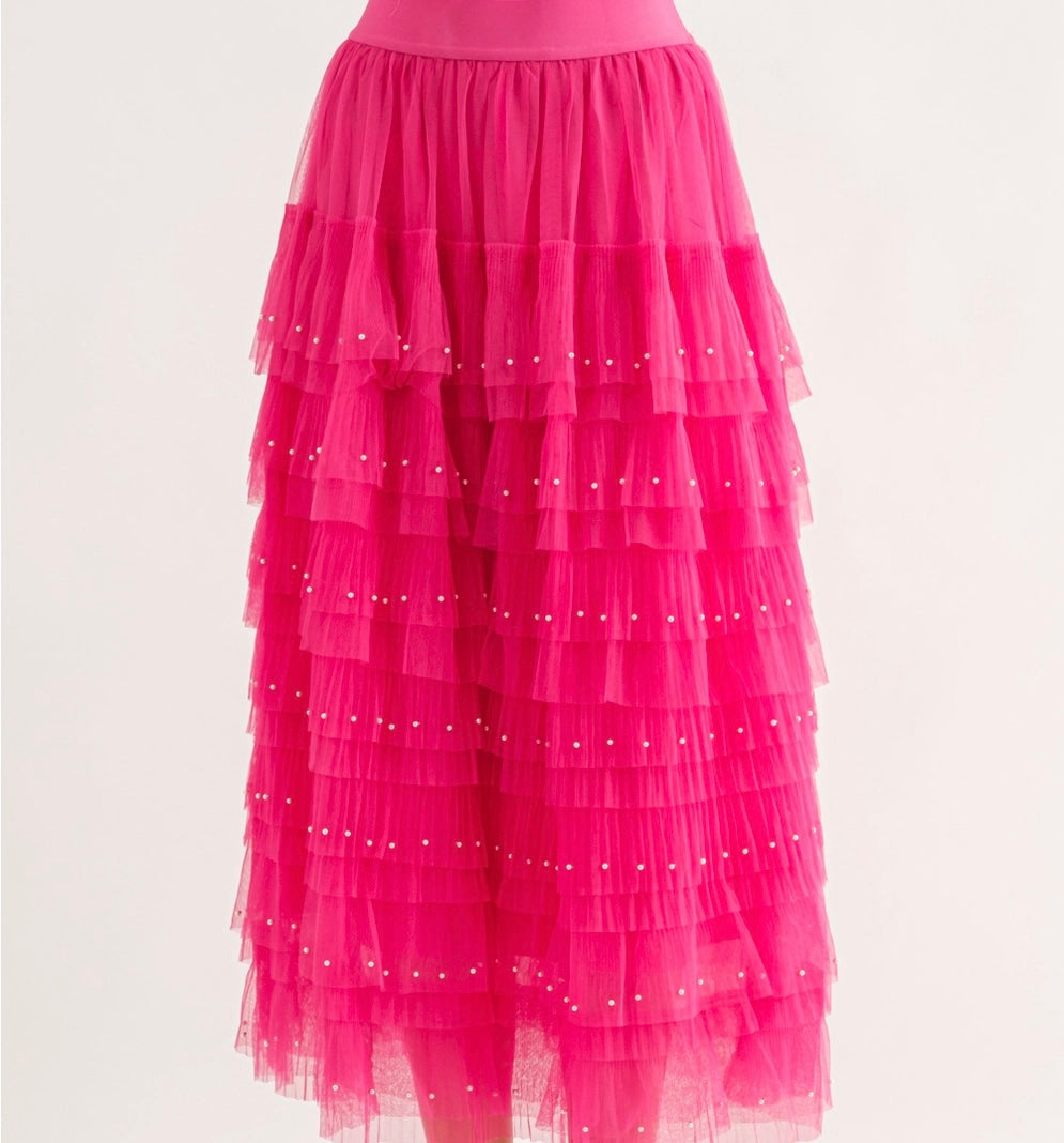 “Maddy” hot pink pearl trim tulle skirt